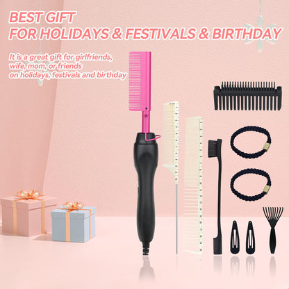 Electric Hot Comb Hair Straightener Heat Pressing Comb Curling Flat Iron Curler Hair Straightener Brush for Natural Black,Anti-Scald Beard Straightening Electric Press Comb