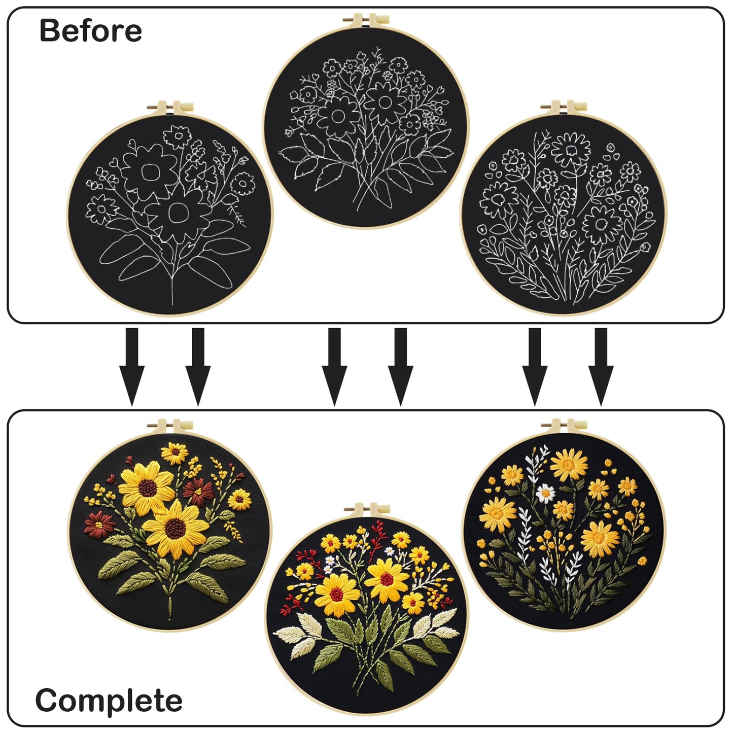 57lilina Embroidery Kit for Beginners, Pack of 3 with Hoops, Threads, Needles - Starter Cross Stitch Supplies for Adults, Gift for Relaxation Craft Lovers, Flower Theme