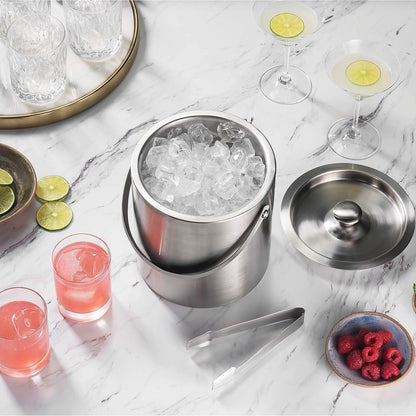 FineDine Double-Wall Stainless Steel Insulated Ice Bucket - 3 Liter with Lid & Ice Tong for Home Bar
