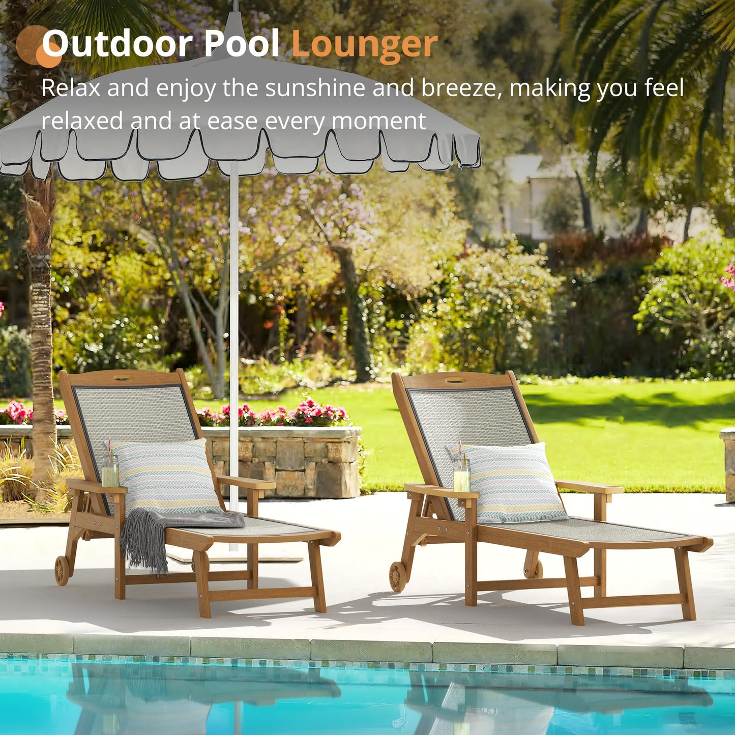 LUE BONA Chaise Lounge Chair Outdoor, HDPS and HDPE Wicker Material, Patio Lounge Chair with Adjustable Backrest, Resin Pool Lounge Chairs with Wheels for Backyard, Poolside and Deck,Teak