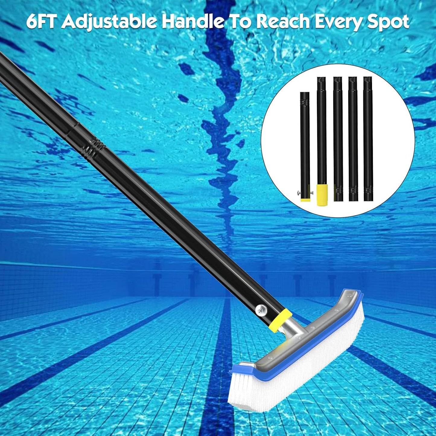 Swimming 6FT,18" Swimming 6FT Swimming Pool Brush with Pole Pool Brush Head with Nylon Bristles Aluminum Back