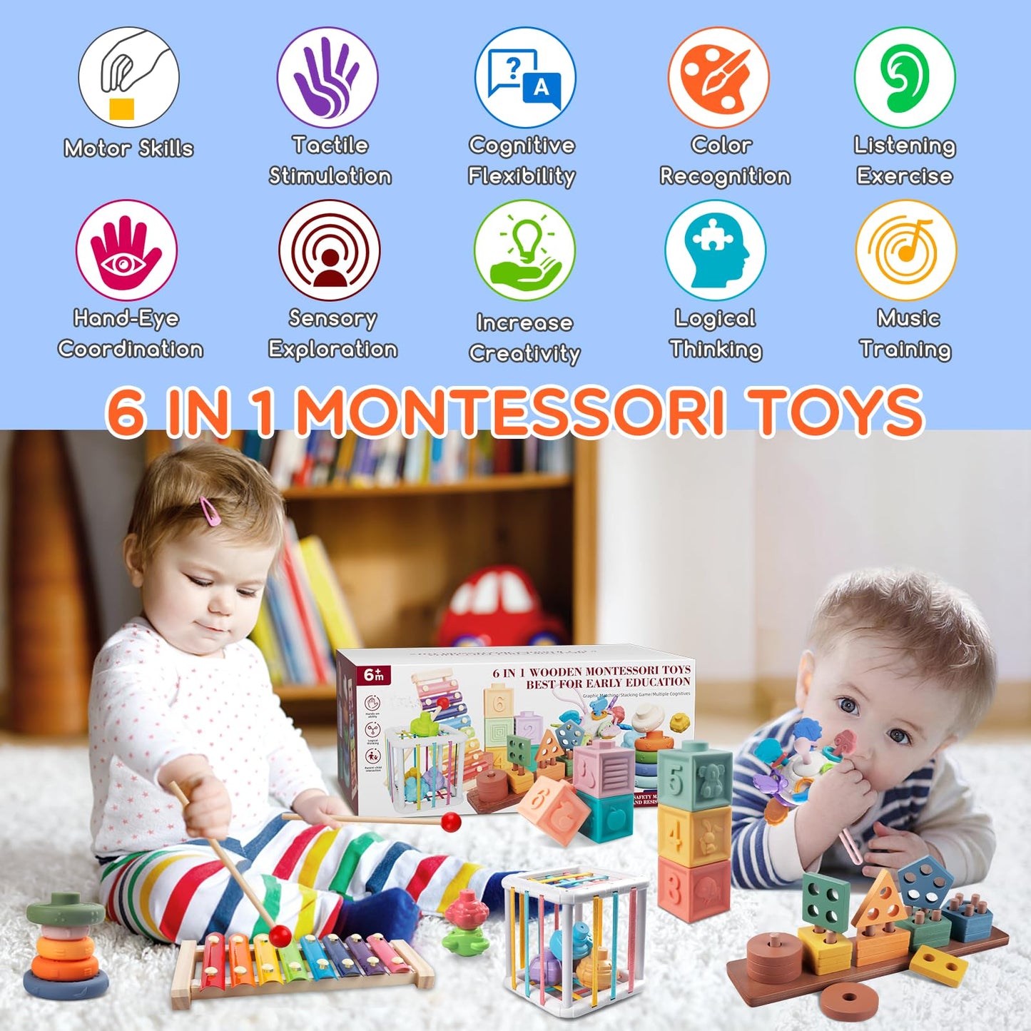 Montessori Baby Toy for 1+ Year Old Sorting Stacking Learning Toys 6 to 12 Months Wooden Building Blocks, Xylophone Musical, Infant Teethers Toys for Baby, 6 in 1 Toy Birthday Gifts for Toddlers 1 2 3