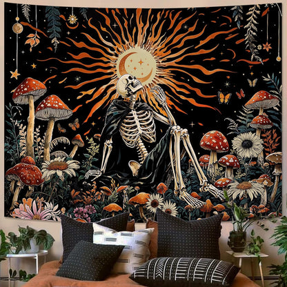 Kanuyee Fantast Meditating Skeleton Tapestry Mushroom Wall Art Tapestries Gothic Boho Room Decor Aesthetic Wall Hanging for Bedroom Dorm Living Room Fantasy Art 48x36 Inch