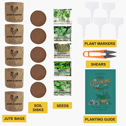 Meekear Indoor Herb Garden Starter Kit, 5 Non-GMO Herb Seeds - Basil, Parsley, Rosemary, Thyme, and Mint with Complete Planting Set for Kitchen Herb Garden DIY