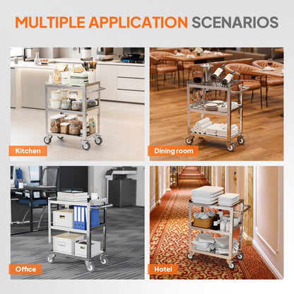 LEADZM 15"L x 24"W x 33"H Utility Rolling Cart on Wheels With Braker, 3-Tier Heavy Duty Commercial Storage Tool Serving Cart With Handle, Stainless Steel for Kitchen Home & Business, Silver