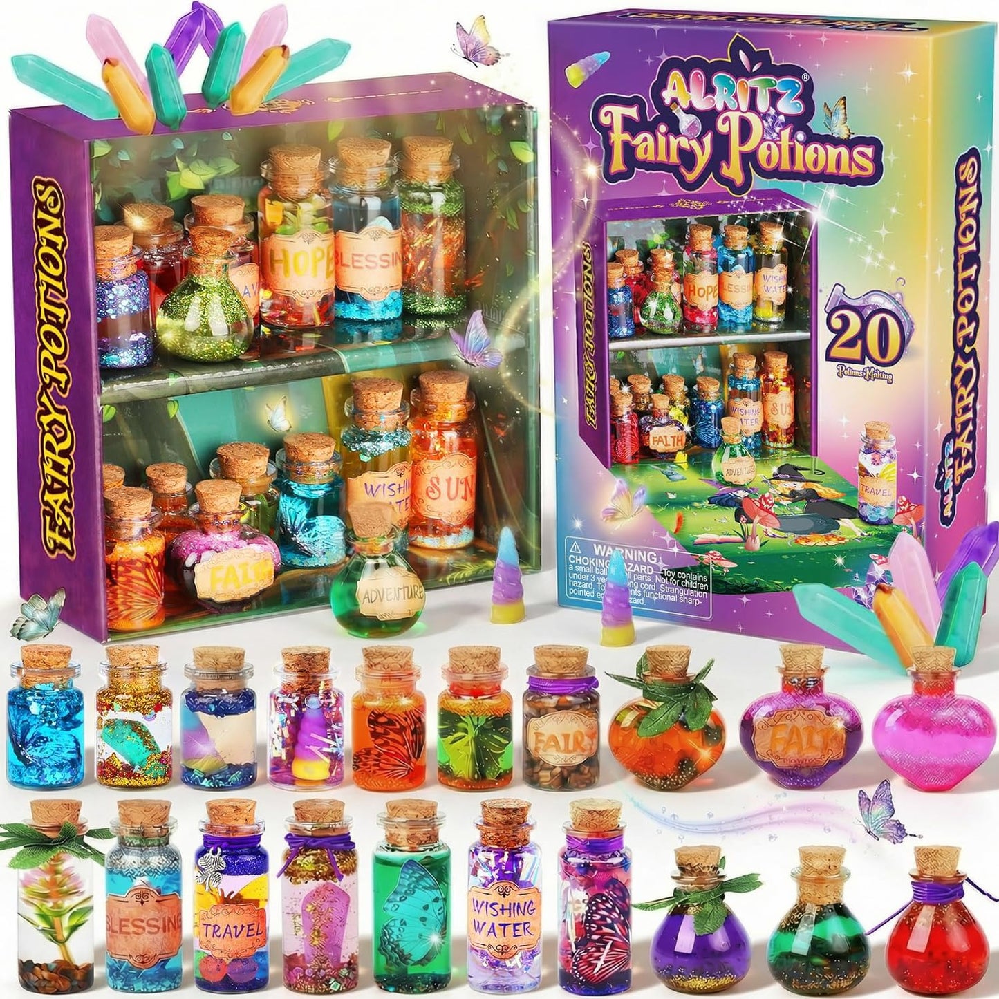 Alritz Fairy Potions Kit for Kids - Magic Potion Making Kit 20 Bottles, Glitter Crystals, Gifts for Girls Ages 6+ Year Old, Creative Craft Indoor Activity Party Birthday