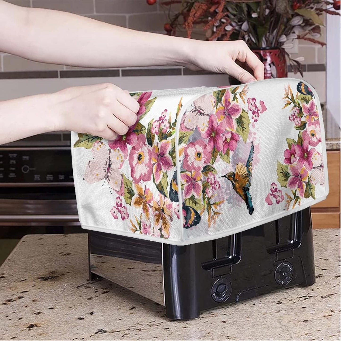 Bird Flowers Painting Toaster Cover, Washable 4 Slice Kitchen Appliance Covers for Bread Maker Oven