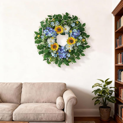 Large 26" Artificial Flower Wreath by [Brand Name] - Lifelike Sunflowers & Blue Hydrangeas for Spring/Summer Home Decor