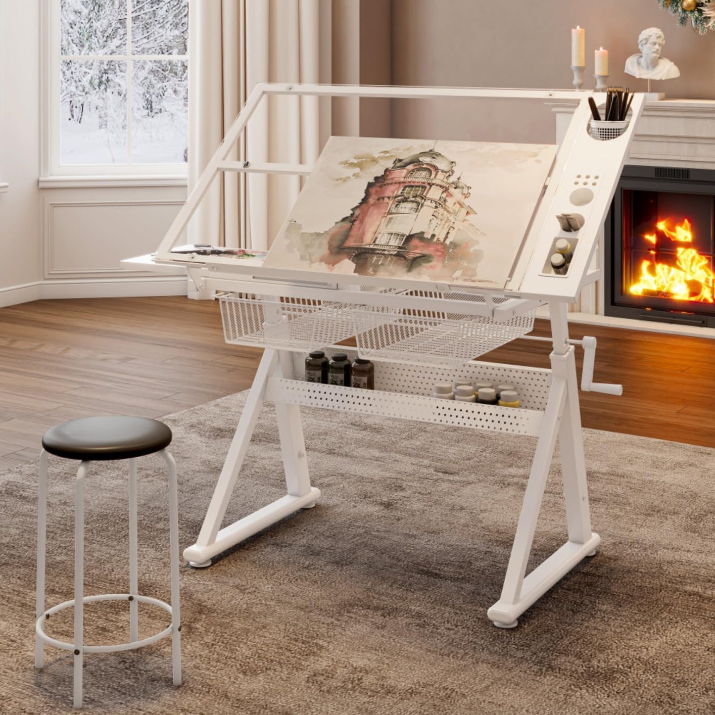 Hassyee Hand Crank Adjustable Tempered Glass Drafting Drawing and Printing Table with Chair and Storage Space for Living Room, Study, Bedroom (White)
