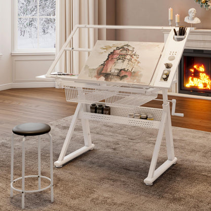 Hassyee Hand Crank Adjustable Tempered Glass Drafting Drawing and Printing Table with Chair and Storage Space for Living Room, Study, Bedroom (White)