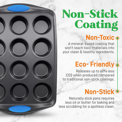NutriChef 6-Piece Baking Pan Set - Nonstick Carbon Steel Bakeware with Blue Silicone Handles | Gray