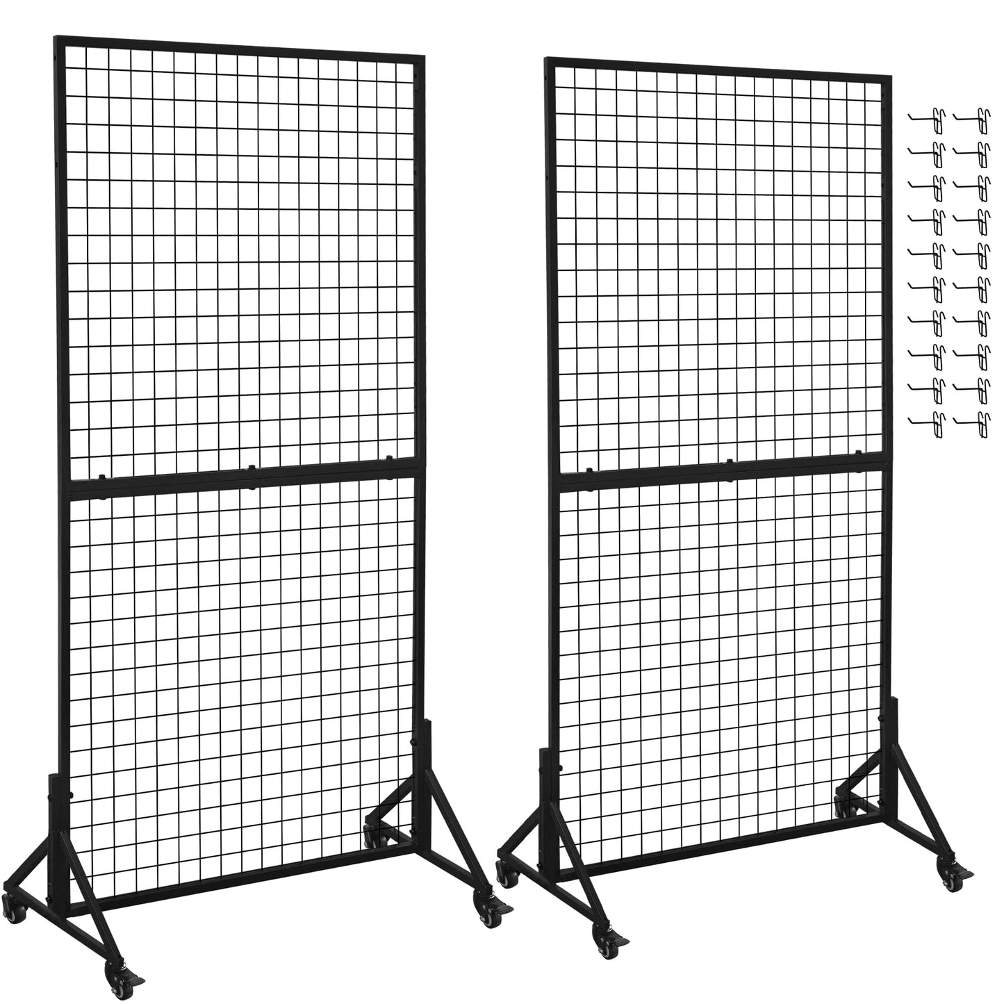 2 Packs 3' x 6' Grid Wall Panels Display Stand with Wheels, Heavy Duty Wire Grid Wall Rack for Retail, Craft Fairs & Art Shows, Mobile Floor Standing Fixture with 20 Hooks, Black