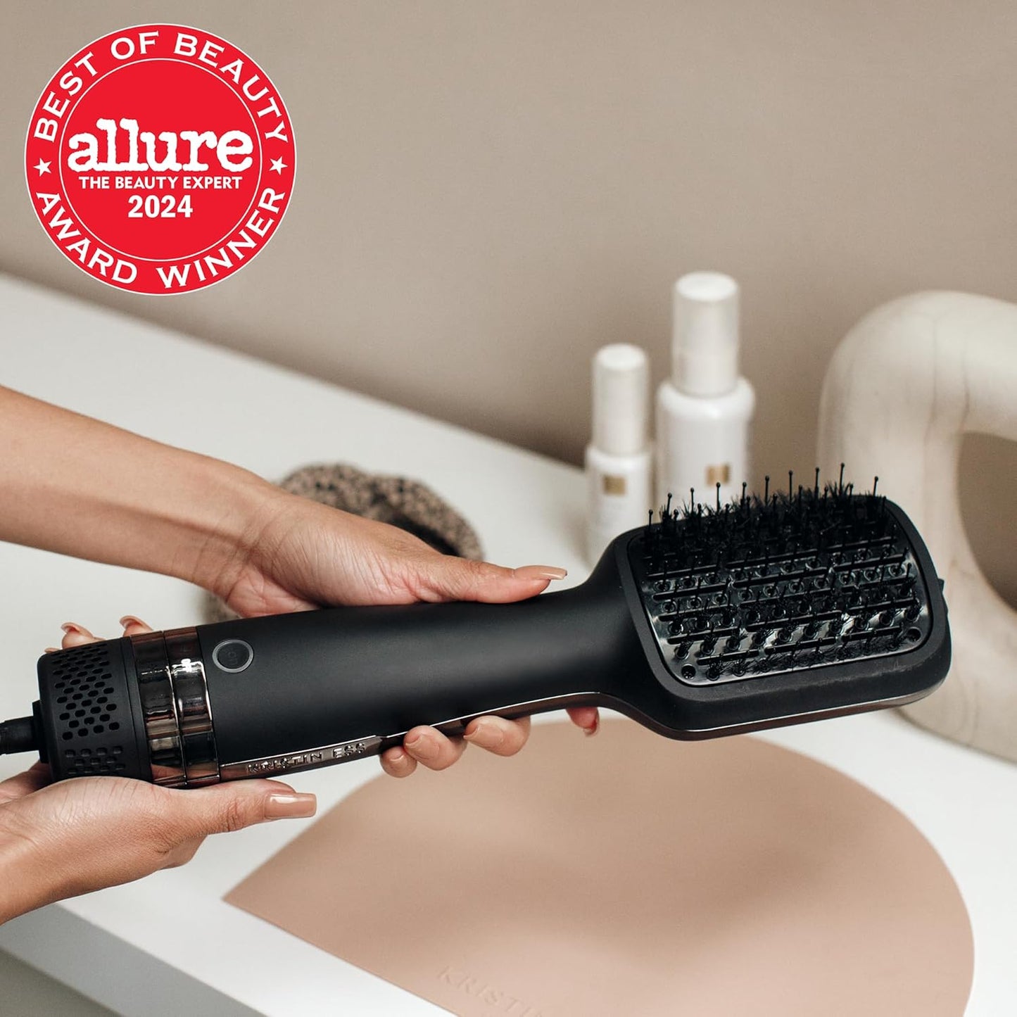 Kristin Ess Hair Volumizing Blow Dryer Brush - Blowout + Hair Straightening Brush - Ceramic + Ionic - Dry, Smooth + Volumize Hair - Flat Padel Base for Faster Blowout - 3 Wind Speeds + 4 Heat Settings