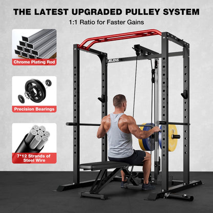 JELENS Power Cage, 2000LBS Multi-Function S11 Power Rack with LAT Pulldown, Squat Rack with Adjustable Pulley System and More Training Attachments, Weight Workout (Home Gym Package)