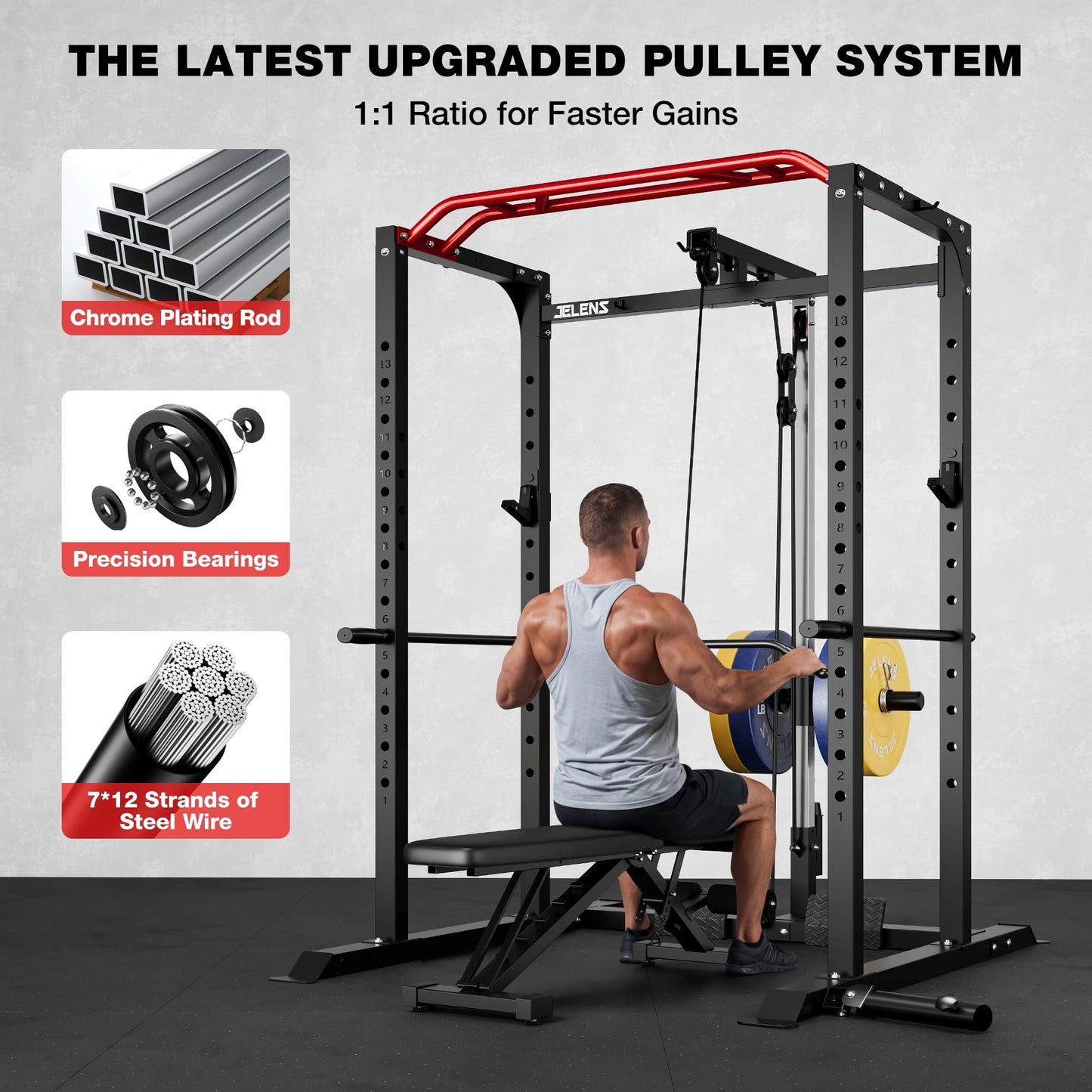 JELENS S11 Power Cage, 2000LB Multi-Function Power Rack with LAT Pulldown, Squat Rack with Adjustable Pulley System and Training Attachments, Weight Rack for Home Gym (370LB Black Weights Package)