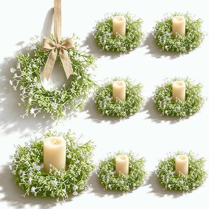 8 Pcs Mini Baby Breath Candle Rings Wreaths Gypsophila Pillar Holder Wreath Artificial Flower Spring Summer Floral Wreath for Wedding Farmhouse Porch Cabinets Table Decoration