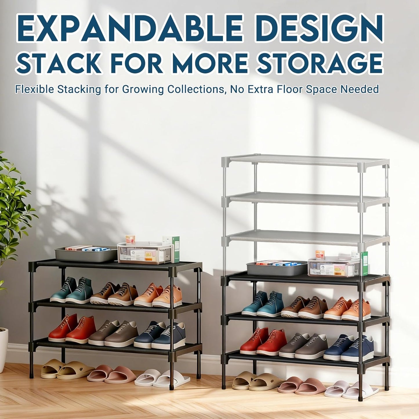 3 Closet, 28" LOFTEY Shoe Rack, Tier Non-Woven Shoe Shelf, Stackable Shoe Rack Organier for Front Door and Entryway