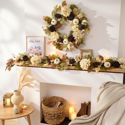 DecorbyHannah Thanksgiving Garland with Lights, 6 ft Artificial Fall Autumn Harvest Garland for Mantel, Fall Decor with Pumpkin Pinecone Lotus Maple Leaves for Front Door Table Fireplace Wall Outdoor