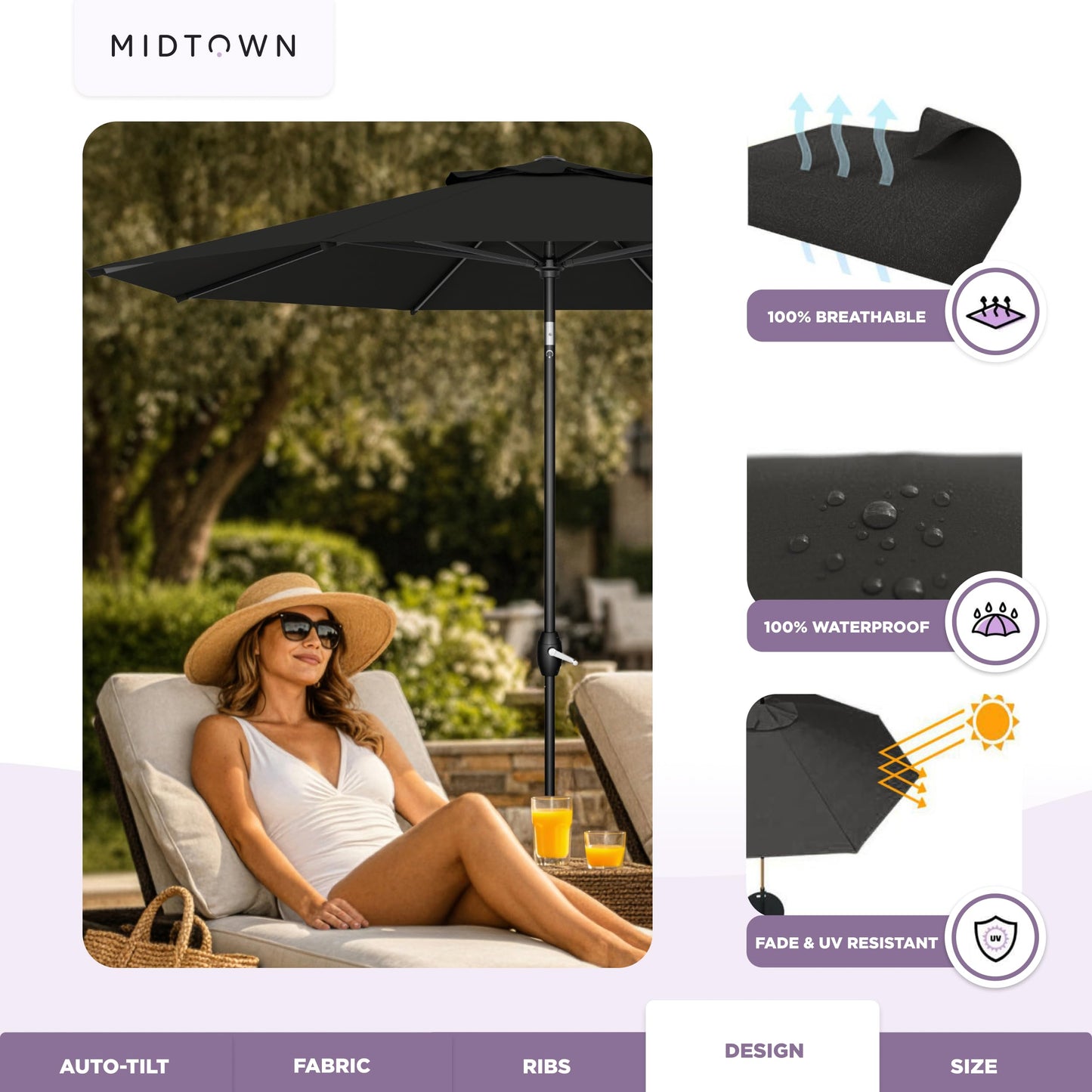 Midtown Umbrellas - The Lean 9 Ft Patio Umbrella with Fade-Resistant Sunbrella Fabric, Auto-Tilt Aluminum Frame and 8 Reinforced Ribs for Deck, Pool & Garden - Black Canopy, Black Pole