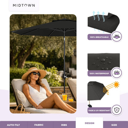 Midtown Umbrellas - The Lean 9 Ft Patio Umbrella with Fade-Resistant Sunbrella Fabric, Auto-Tilt Aluminum Frame and 8 Reinforced Ribs for Deck, Pool & Garden - Black Canopy, Black Pole