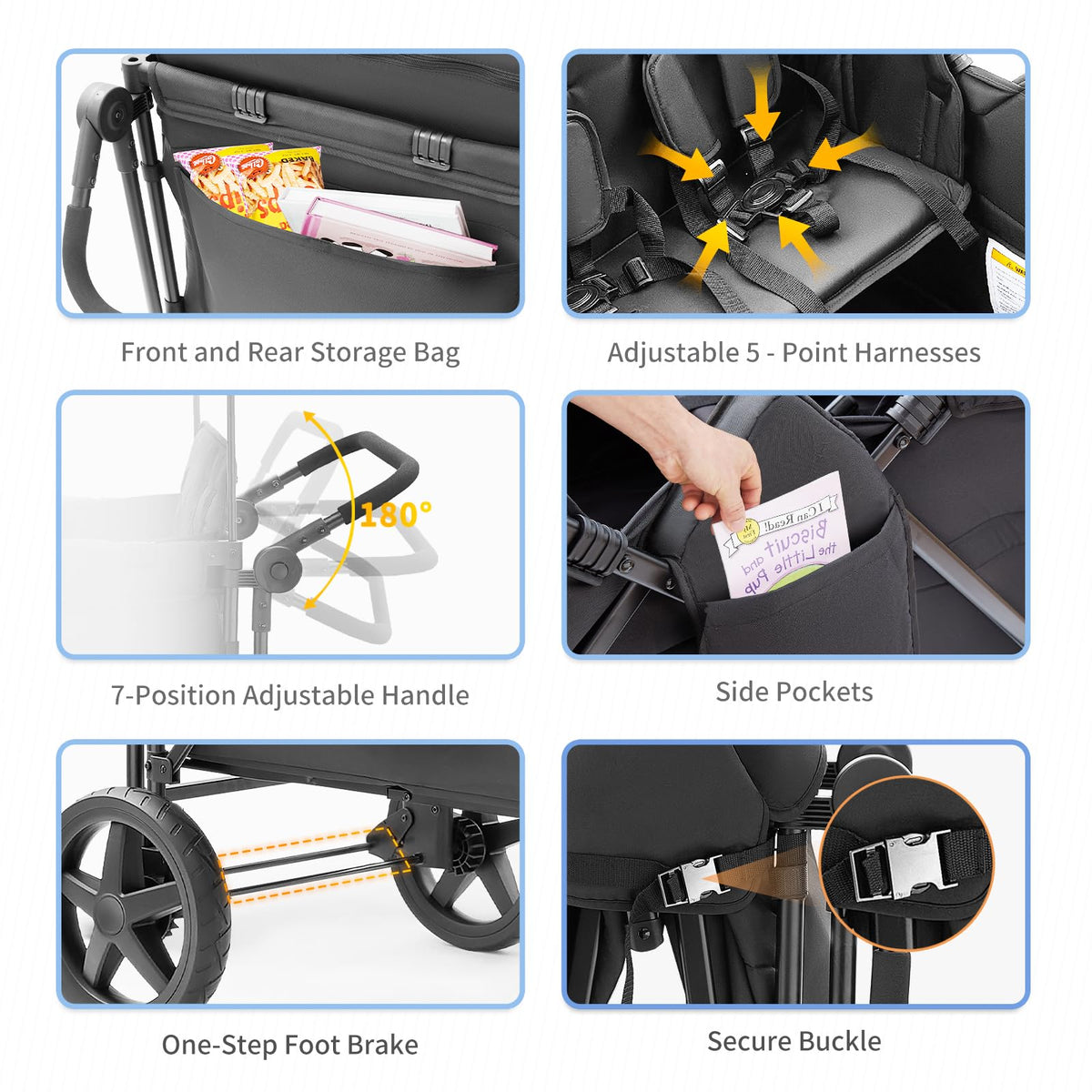 Stroller Wagon for 4 Kids, 4 Seater Wagon Stroller Featuring 4 High Seat with 5-Point Harnesses and Adjustable Canopy, Foldable Double Push Bar Wagon Stroller 4 Seater for Garden, Camping (Black)
