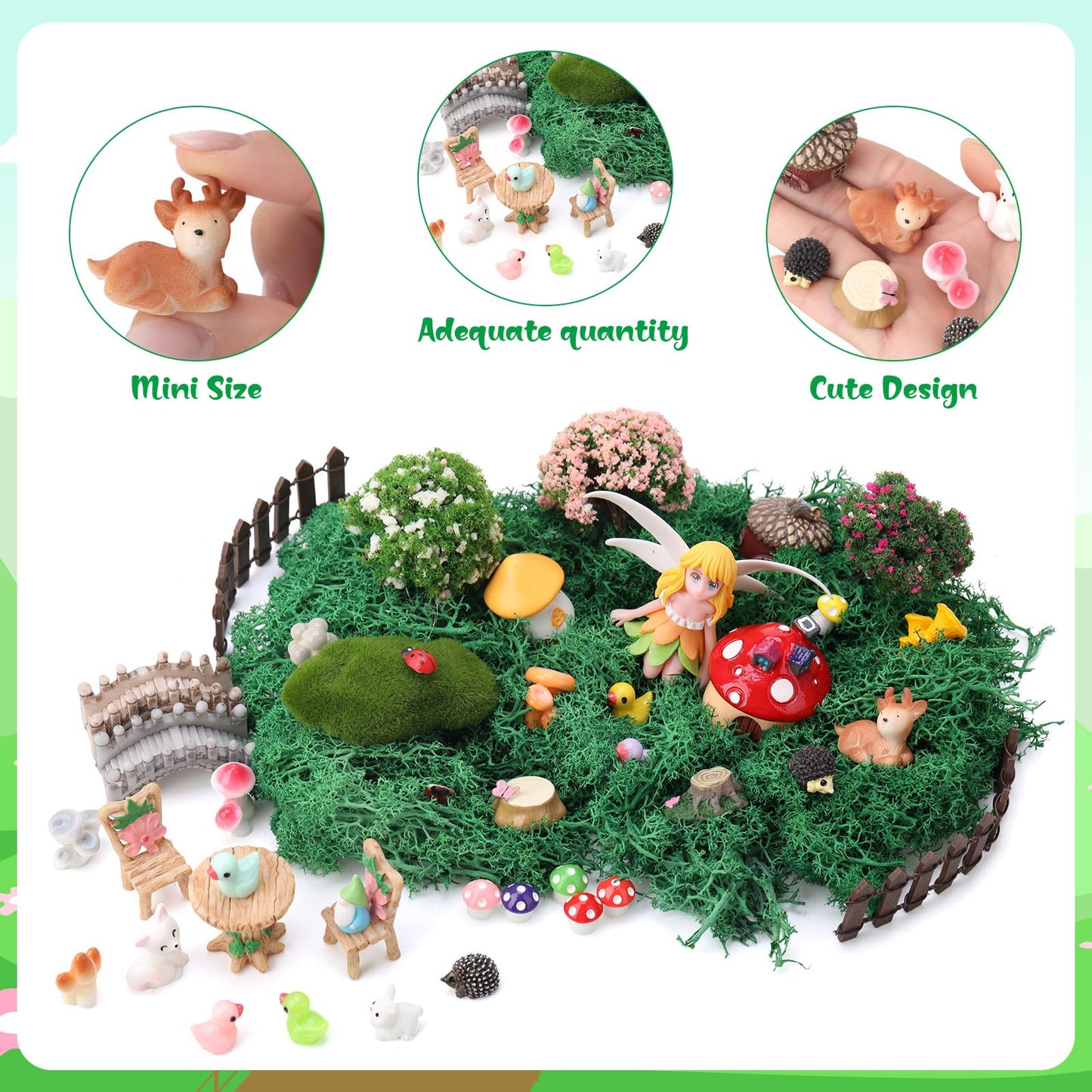 GGSTDDUP 54 Pcs Fairy Garden Accessories, Mini Resin Animals Figures, Miniature Table and Chairs, Bridge, Fence, Fairy House Kit with 50g Artificial Moss for DIY Craft Landscape Bonsai Glass Container