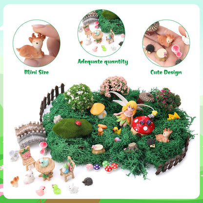 GGSTDDUP 54 Pcs Fairy Garden Accessories, Mini Resin Animals Figures, Miniature Table and Chairs, Bridge, Fence, Fairy House Kit with 50g Artificial Moss for DIY Craft Landscape Bonsai Glass Container
