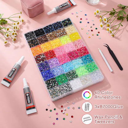 32000Pcs 40 Colors Resin Rhinestones Bedazzling Kit, Multicolor Flatback Gems, DIY Nail Art Clothing Tumblers Crafts for Bedazzling Diamond Art Makeup (40 Colors)