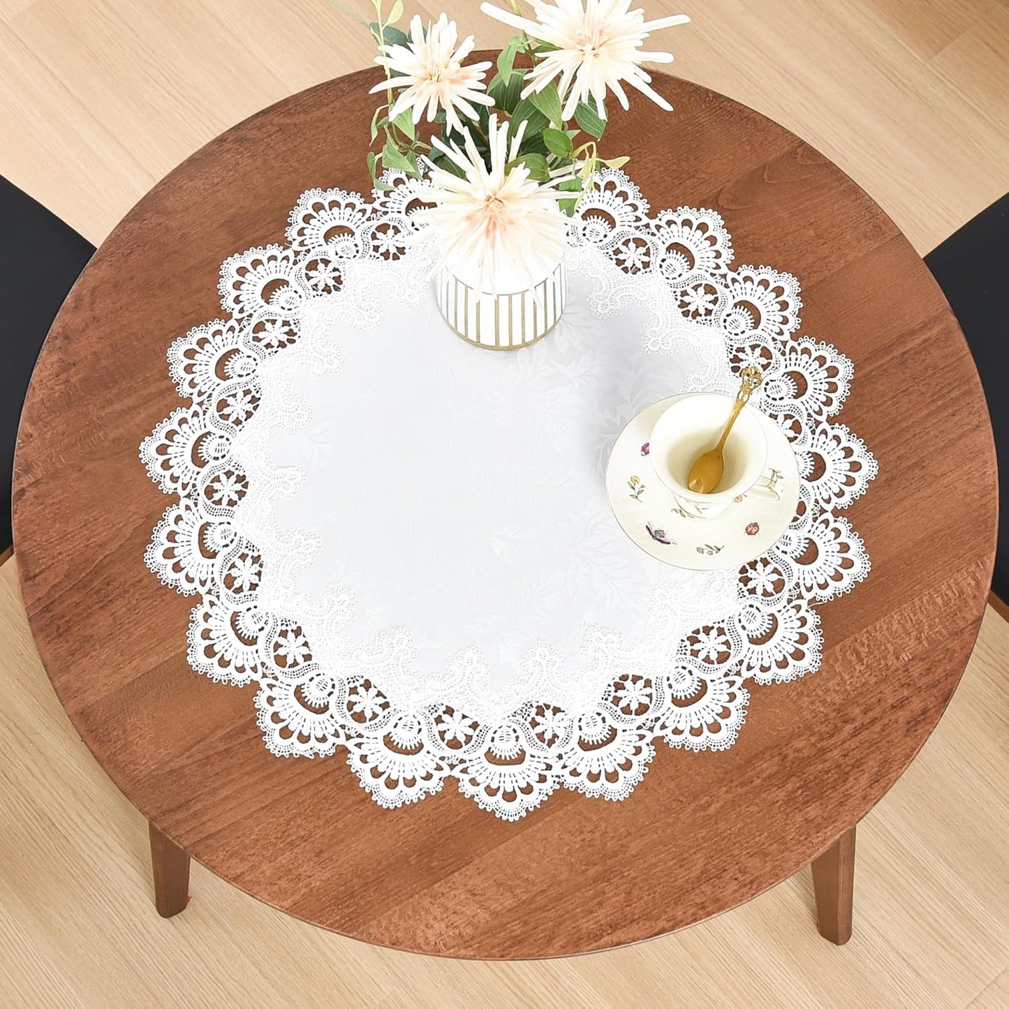 24 Inch Wolkemer Elegant White Lace Jacquard Round Doily Tablecloth Table Topper Decoration Cover for Home Dresser