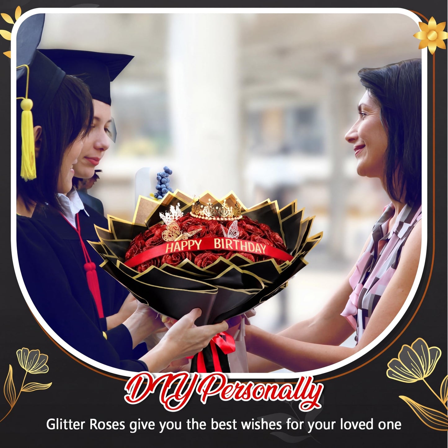 Maysing Money Bouquet Kit 12 Pcs Glitter Roses 20 Sheet Flower Wrapping Paper DIY Flower Bouquet Floral Foam Blocks Sticker for Anniversary Birthday Mother's Day Graduation(Red)
