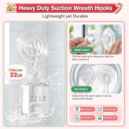 VIS'V Wreath Hanger - Heavy Duty Suction Cup Hooks | 22 LB Capacity, Removable & Reusable, Clear, 2 Pcs