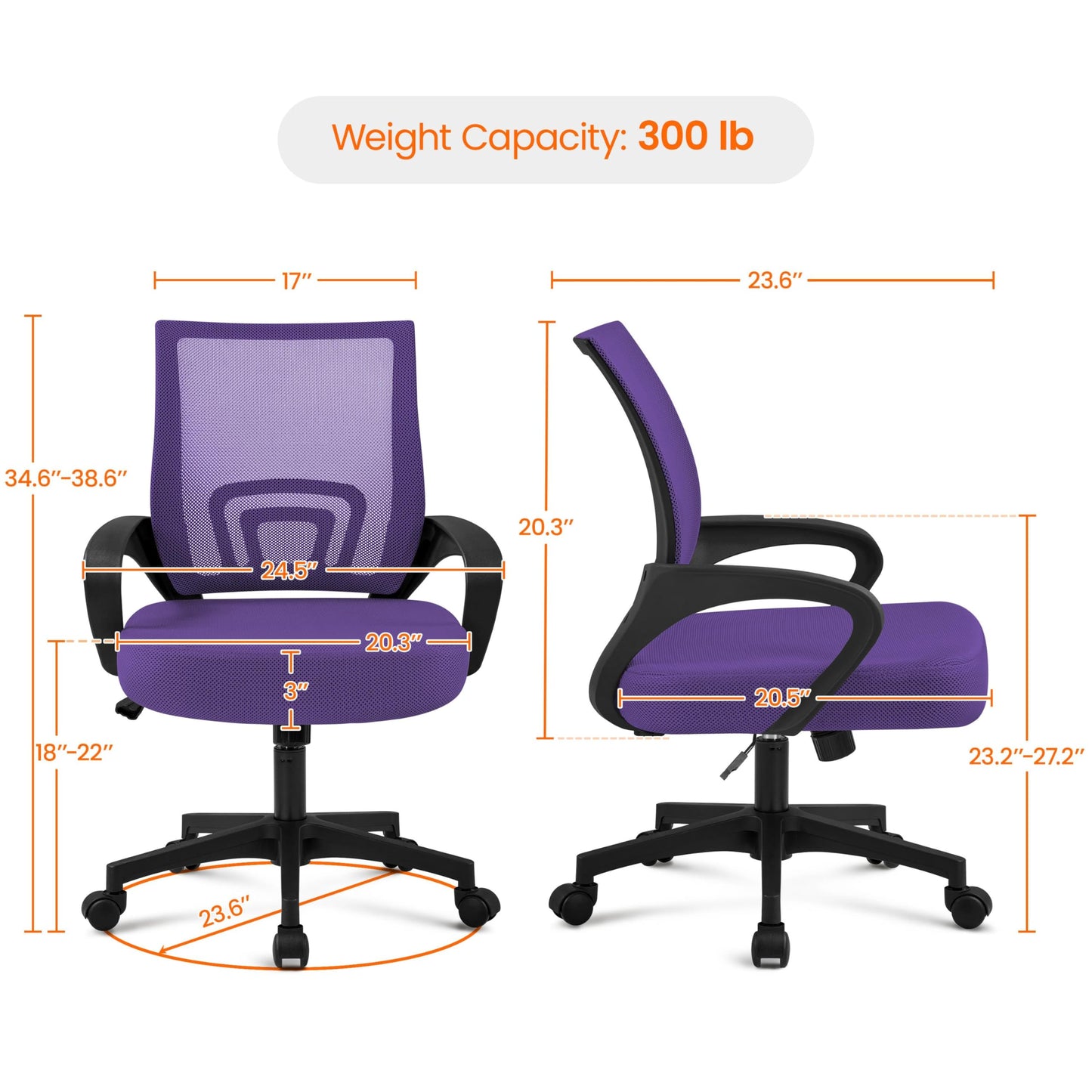 Yaheetech Office Chair Ergonomic Mesh Chair w/Lumbar Support Armrest Wheels Comfortable Racing Seat Adjustable Swivel Rolling Home Executive Mid Back Computer Chair for Adults, Purple