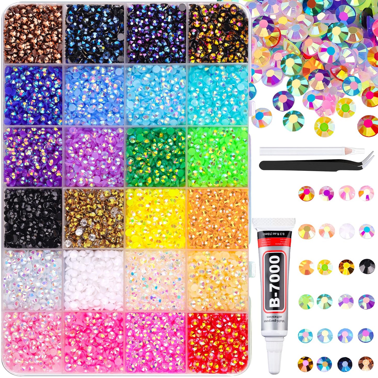 12600Pcs Resin Rhinestones for Crafting with Tweezers, Mixed-Color 4mm Bedazzling Crystal with 1Pcs 10ml B7000 Jewelry Glue for DIY Crafts Clothing Tumblers Shoes Fabric Nail Art