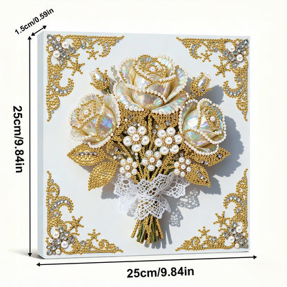 yzARTche Diamond Art Pearl Painting Kit, DIY Pearl Art Painting with White Frame, Handmade Gem Dot Picture Craft for Home Wall Decor Present Set-05-Rose