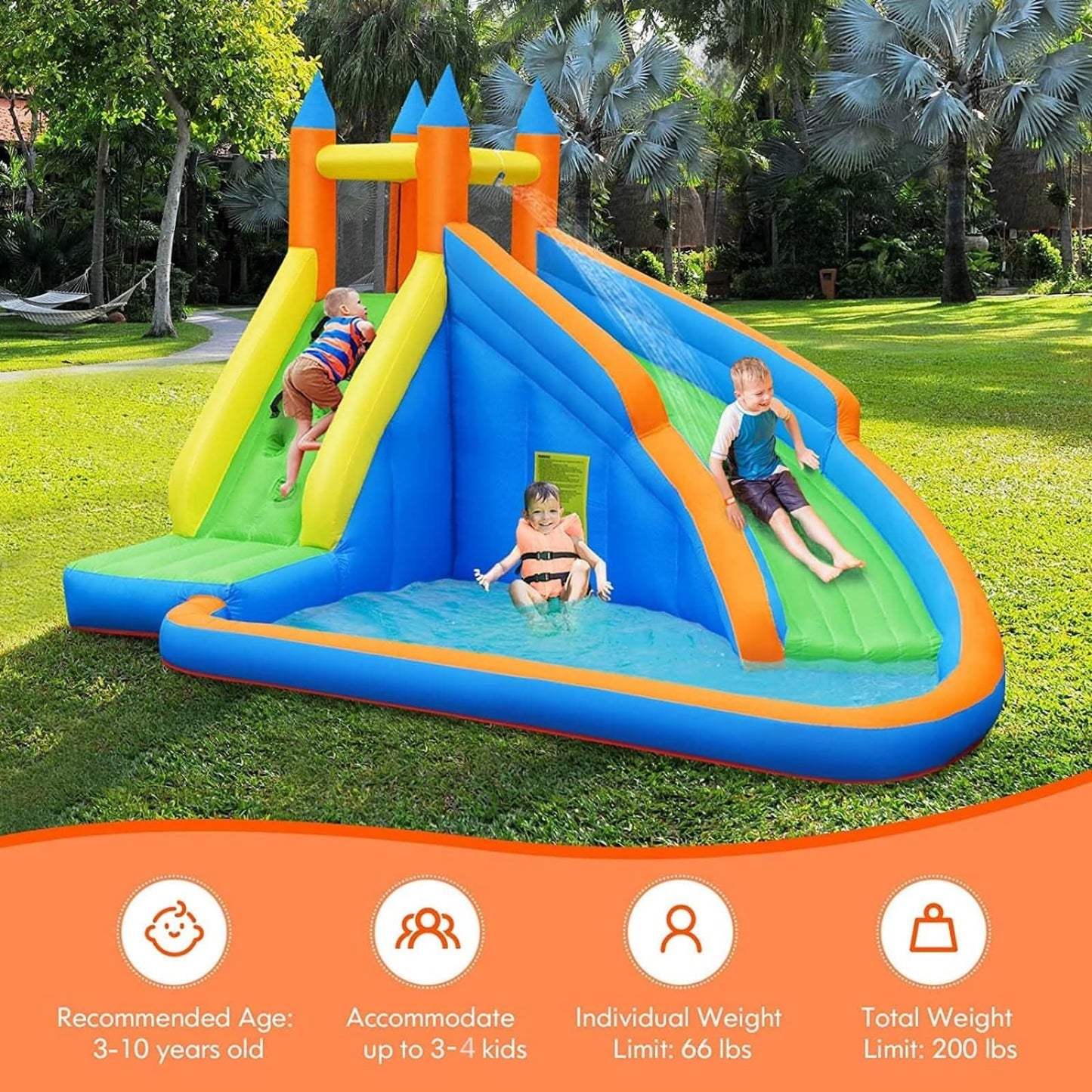Costzon Inflatable Water Slide, Giant Bouncy Waterslide Park for Kids Backyard Outdoor Fun w/ 480w Blower, Climbing, Splash Pool, 2-pcs, Blow up Water Slides Inflatables for Kids Party Gift