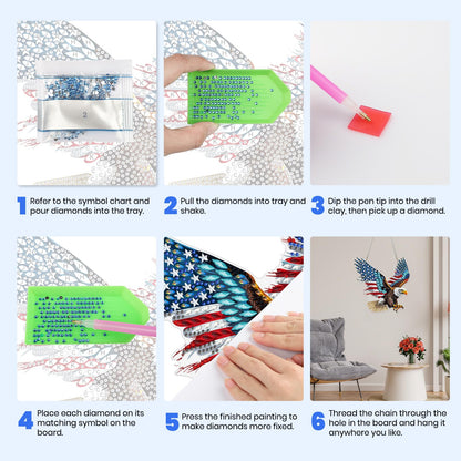 MXJSUA American Flag Bald Eagle Diamond Painting Art Window Suncatchers, Diamond Art Kits for Adults Hanging Ornaments with Chain, 5D Special Shape Crystal Diamond Pendant Accessories for Decor Gift