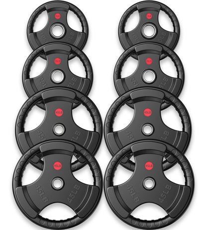 Gikpal Olympic Weight Plates, 2-Inch Three-Grip Rubber Coated Barbell Plates with Steel Hub, Cast Iron Weights for Strength Training & Home Gym, Pair or Sets (2.5–45LB)