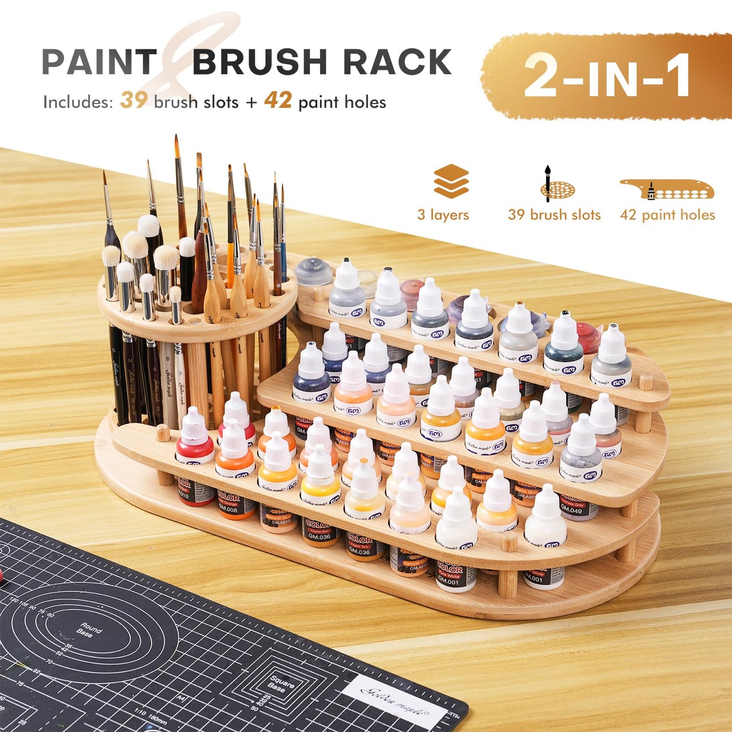 golden maple Bamboo Paint Organizer and Paint Brush Holder 2-in-1, 3-Tier Desktop Storage Rack with 42 Paint Bottle Holes & 39 Paint Brush Slots for Miniature Model Painting & Art Crafts