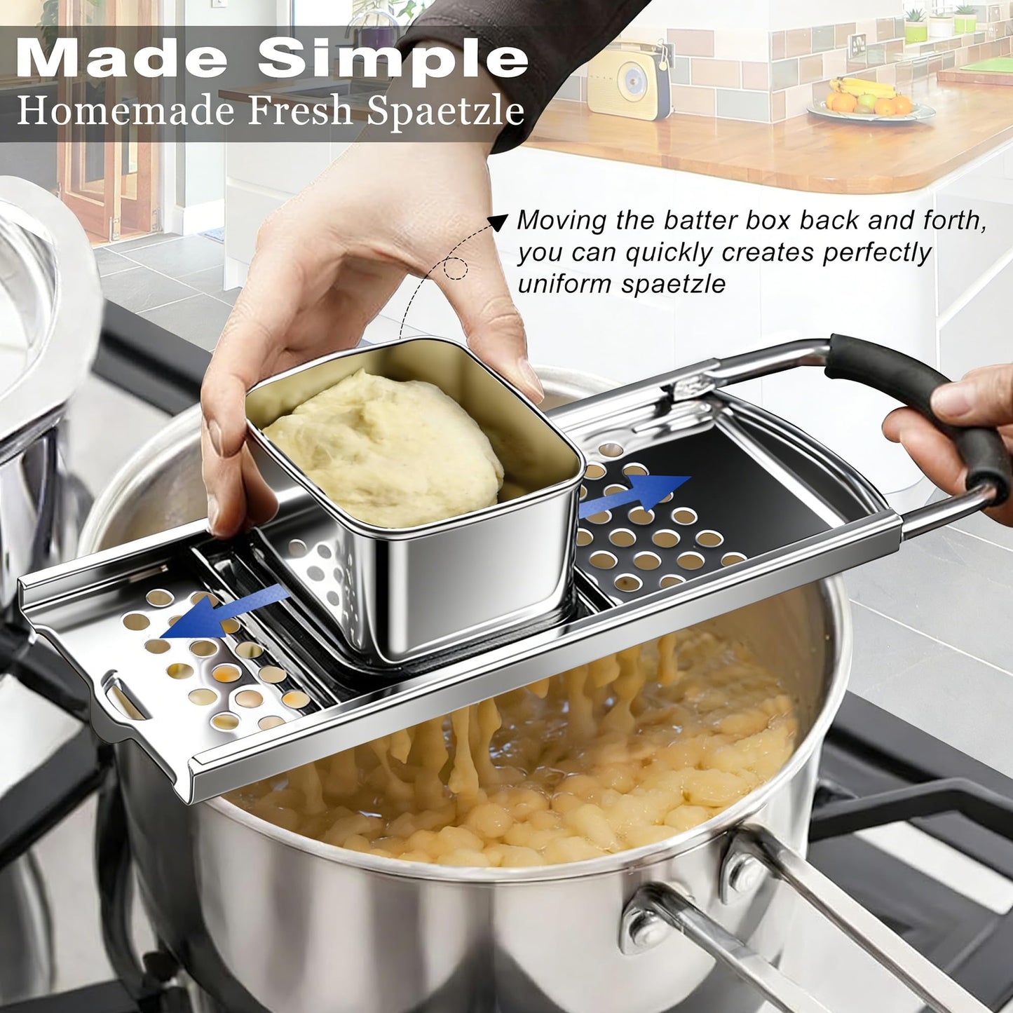 Spaetzle Maker, METLUCK Stainless Steel Spaetzle Press with Strainer Skimmer, Premium German Spaetzle Maker with Comfort Handle, Traditional Egg Noodle Dumpling Maker Tool for Home Cooking