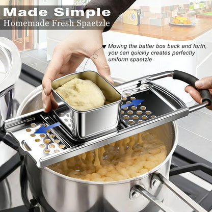 Spaetzle Maker, METLUCK Stainless Steel Spaetzle Press with Strainer Skimmer, Premium German Spaetzle Maker with Comfort Handle, Traditional Egg Noodle Dumpling Maker Tool for Home Cooking