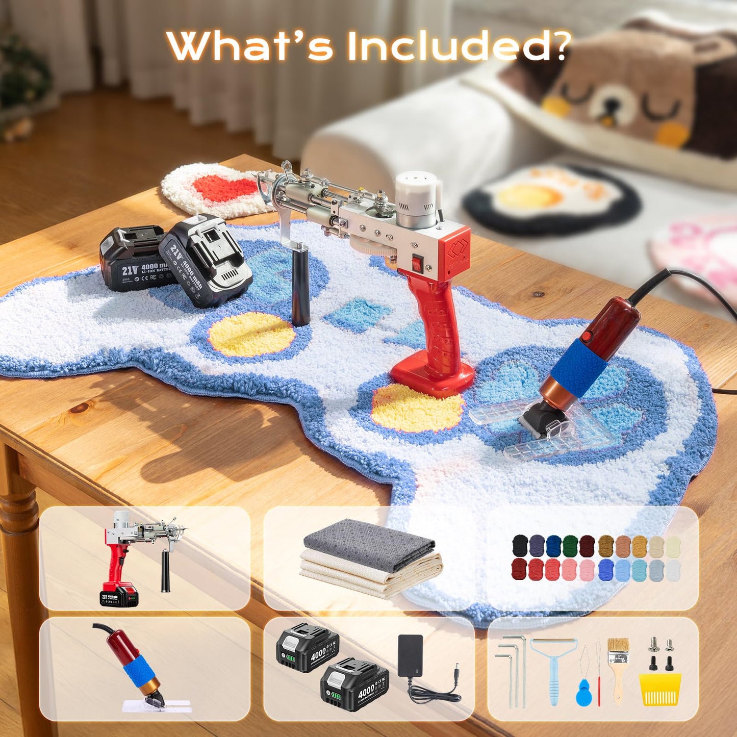BESGEER Cordless Rug Tufting Gun with Carpet Trimmer Kit, Tufting Gun Starter Kit with 2pcs 4.0Ah Batteries，2 in 1 Cut Pile and Loop Pile Tufting Gun