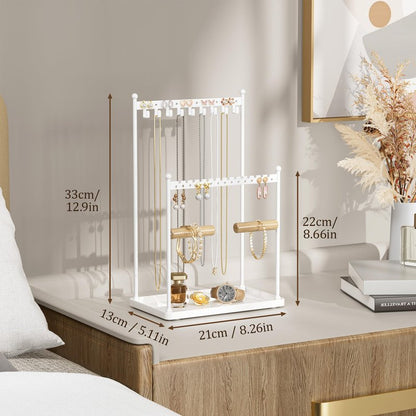 Josmimic 3 Tier white Jewelry Stand, Necklace Organizer, Earring Holder with 44 Holes and 9 Hooks, for Necklaces, Bracelets, Rings