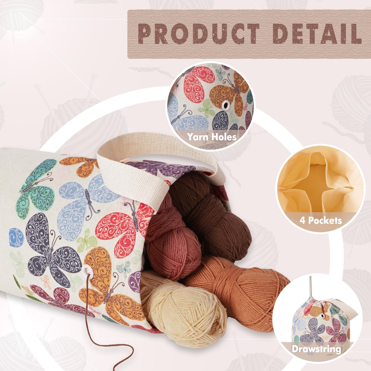 TOGETRUE Yarn Bag, Knitting Crochet Bag, Portable Yarn Storage Bags Organizer for Crocheting Project, Store Skein Ball, Short Knitting Needle (Large, Butterfly)