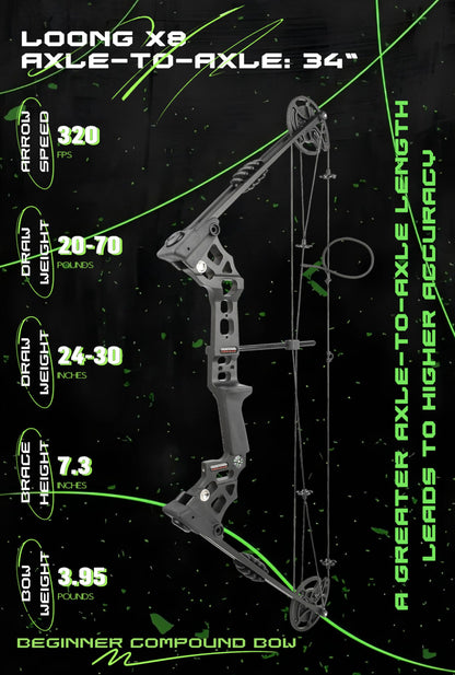 Compound Bow Kit, Hunting & Targeting, Gordon's Limb Made in USA, Draw Weight 20-70 lbs Adjustable, Draw Length 24”-29.5",up to IBO 320FPS Speed, Package with Archery Hunting (Black, Right Hand)
