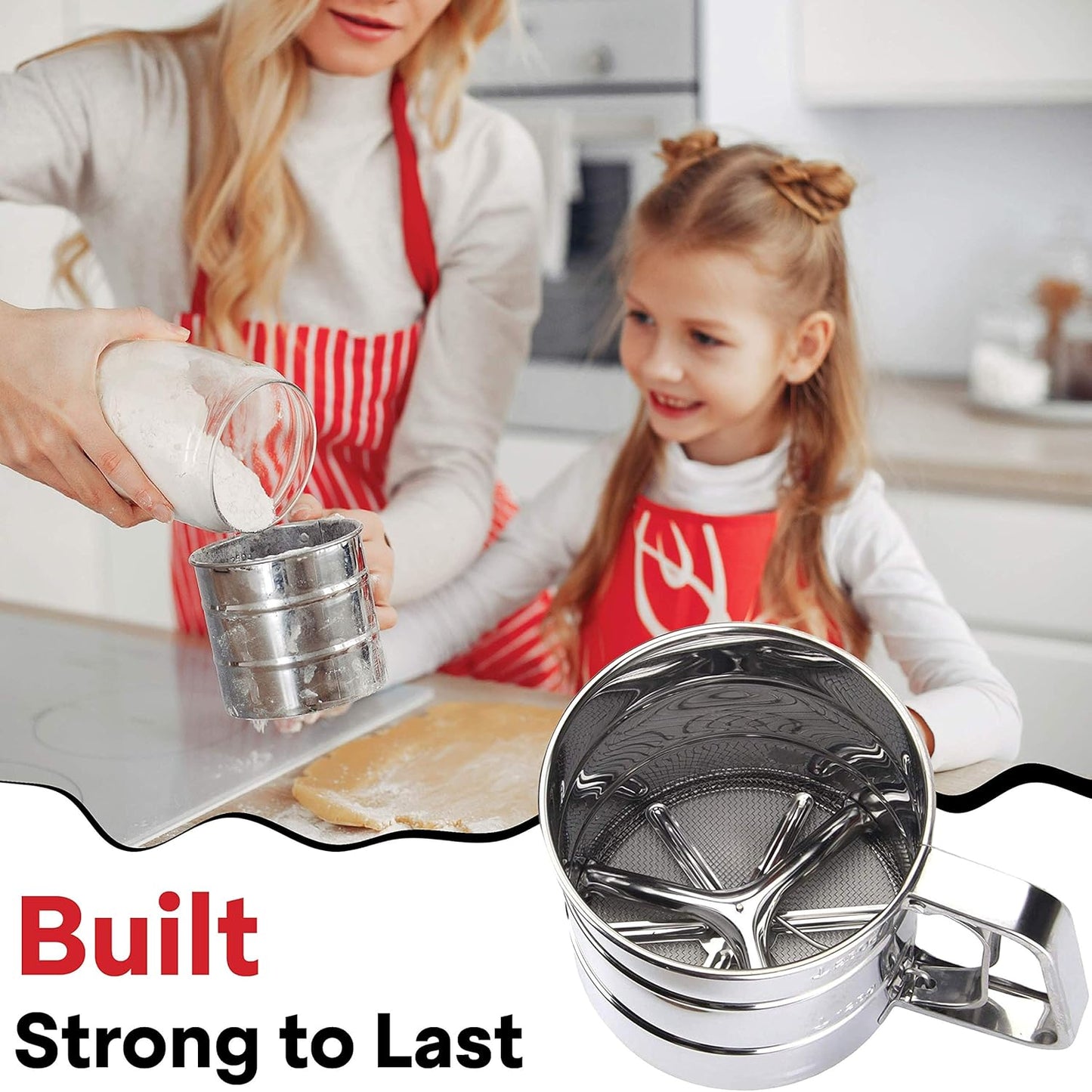 2.5 Cup Flour Sifter - Semi Automatic Small Baking Sieve, Stainless Steel, Fine Mesh Sieve Flour Duster