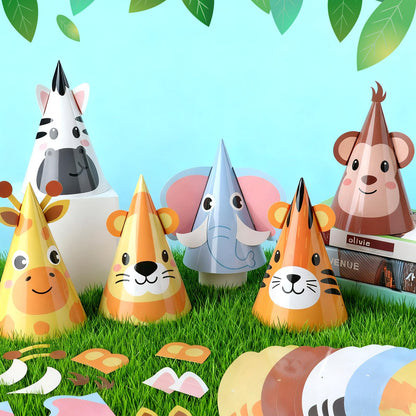 ojustbeok 24PCS Jungle Animal Party Hats Jungle Safari Birthday Cone Hat Safari Headwear Zoo Birthday Party Supplies for DlY Animal Theme Paper Hat Headbands Baby Shower Cartoon Decorations Favors