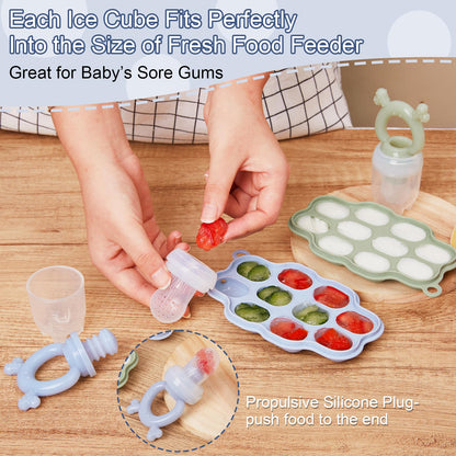 KingKam Baby Breastmilk Popsicle Molds & Baby Fruit Feeder (2 Pack), Baby Food Freezer Tray Storage Containers, Silicone Pacifier Feeder and Teether