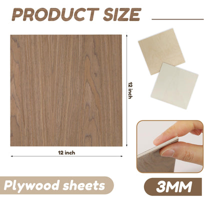 6 Pack Walnut Wood Sheets, 12 x 12 x 1/8 Inch Basswood + Walnut + Birch, Wood for Laser Cutting and Engraving, 3mm Plywood for Laser Cutting, Wood for Crafts, Laser Engraving Blanks, Unfinished Wood