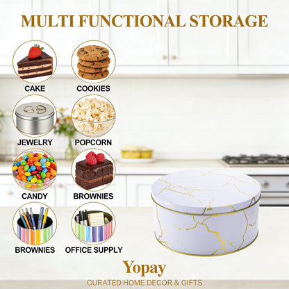 Yopay 3 Pack Cookie Tins with Lids, Round Gift Boxes for Toffee, Marbled Easter Baking Cake Containers for Valentines Gift Giving Puff Pastries Craft Supplies Metal Canister