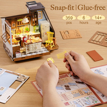 Rolife DIY Miniature House Kit for Adults, Baking Kitchen Mini Wooden Dollhouse Kit with LED Light Tiny House Diorama Building Kits Birthday Craft Hobbies Gift Home Decor for Teens Family